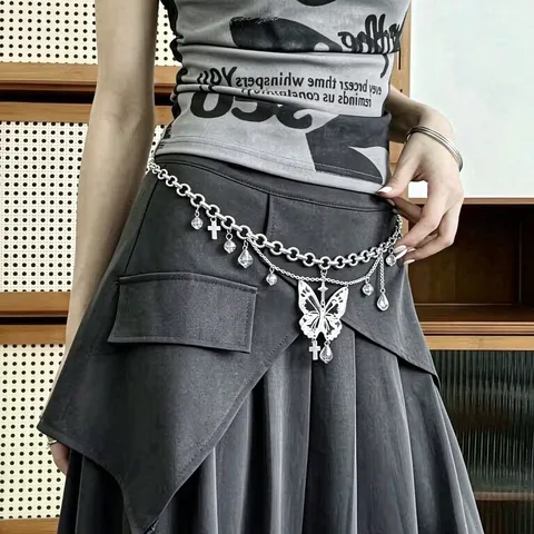 Holle Vlinder Tailleketting voor Dames Zoet Cool Kruis Waterdruppel Strass Hanger Punk Gothic Metalen Lichaamsketting Riem Accessoire