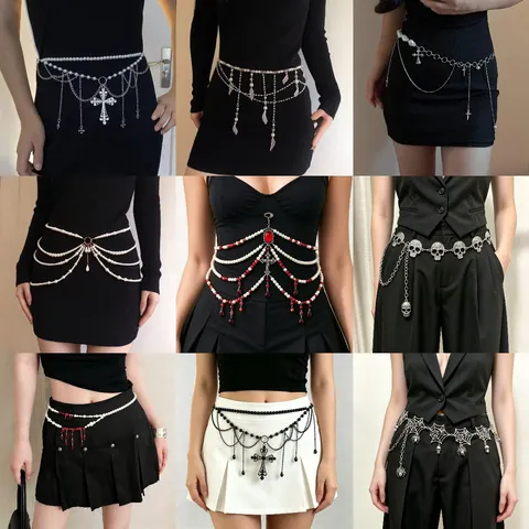 Gothic Artificial Pearl Cross Waist Chain For Women Halloween Dark Style Tassel Bead Body Chain Belt Jewelry Accessories