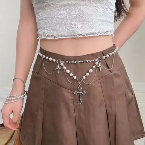 Dames Gotische Kruis Hanger Kunstparel Tailleketting Zilver Legering Ster Y2K Lichaamssieraden Riem Accessoire Sweet Cool Stijl