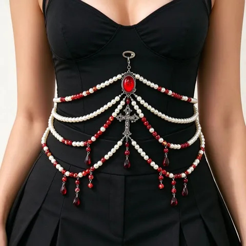 Gothic Artificial Pearl Cross Waist Chain For Women Halloween Dark Style Tassel Bead Body Chain Belt Jewelry Accessories