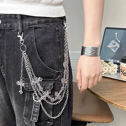 Cadena para Pantalones Gótica de Aleación con Mariposa y Cruz para Mujer Hip Hop Cadena de Cintura de Metal Plateado Multicapa