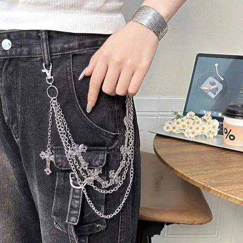 Cadena para Pantalones Gótica de Aleación con Mariposa y Cruz para Mujer Hip Hop Cadena de Cintura de Metal Plateado Multicapa