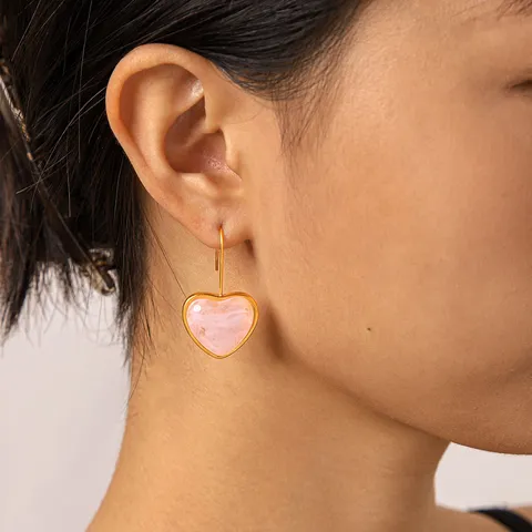 Stainless Steel Heart Drop Earrings For Women Resin Inlay Maillard Style Gold Plated Dangle Earrings Fashion Jewelry