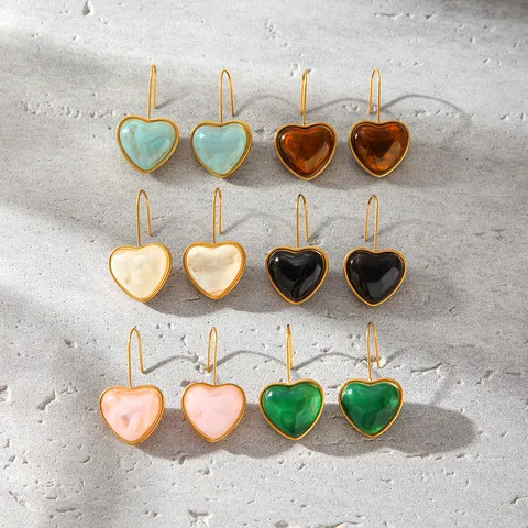 Stainless Steel Heart Drop Earrings For Women Resin Inlay Maillard Style Gold Plated Dangle Earrings Fashion Jewelry