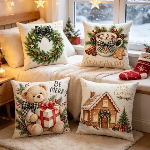 Taies d'Oreiller de Noël Vintage Américain Carreaux Noir Et Blanc Nœud Couronne Ours en Peluche Maison en Pain d'Épices Décor de Salon Canape