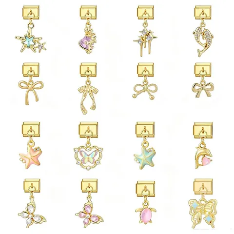 Gold Stainless Steel Italian Charm Dangle Bracelet Links For Women DIY Marine Starfish Dolphin Turtle Butterfly Zirconia Artificial Pearl Modular Jewelry Charms