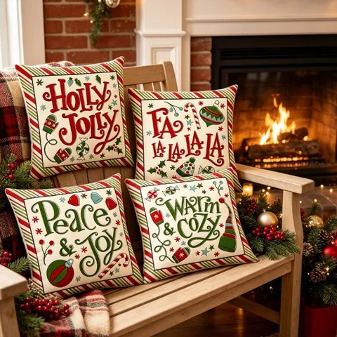 Christmas Cushion Cover Red Green Slogan Printed Peach Skin Throw Pillowcase Cartoon Candy Cane Holiday Home Decor