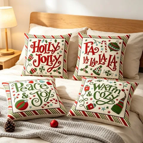 Christmas Cushion Cover Red Green Slogan Printed Peach Skin Throw Pillowcase Cartoon Candy Cane Holiday Home Decor