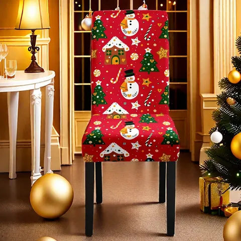 Funda de Silla Elástica Estampada de Navidad Protector de Silla de Comedor Lavable Removible para Decoración de Fiesta