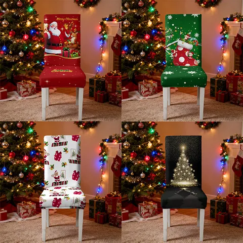 Elastic Christmas Chair Covers Stretch Printed Dining Seat Slipcover Universal Removable Washable Chair Protector For Xmas Home Decor