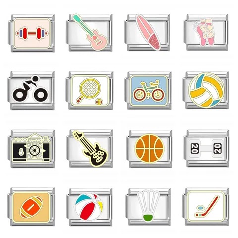 Titanium Steel Italian Charm Links For DIY Bracelet Jewelry Making Sports Dumbbell Guitar Basketball Tennis Camera Patterns Modular Link Accessory
