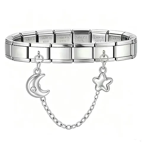 Italian Charm Bracelet Stainless Steel DIY Modular Link Bracelet Star Moon Butterfly Paw Print Dangle Charms Rhinestone Jewelry Women