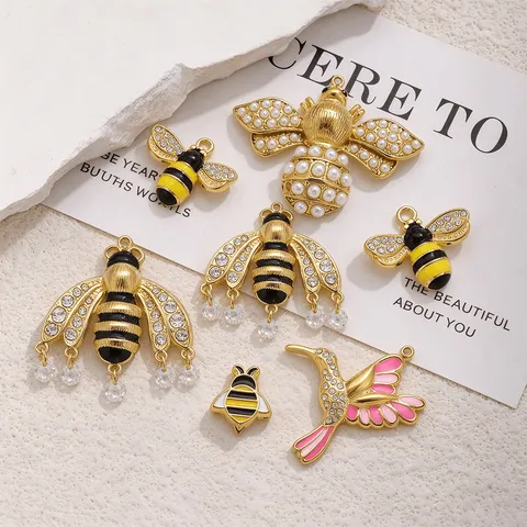 Dijes de Acero Inoxidable de Abeja y Colibrí Strass Esmalte Colgante Insecto Para DIY Pulsera Collar Creación Accesorios de Joyería de Perla Artificial