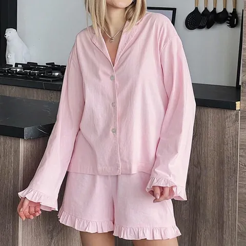 Women Pink Cotton Pajama Top And Bottom Long Sleeve Ruffle Trim Button Down Shirt And Shorts Loungewear Soft Sleepwear