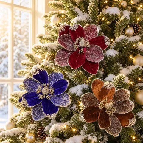 Velvet Glitter Artificial Christmas Poinsettia Flower Stem Sequin Simulation Floral Picks For Christmas Tree Holiday Garland DIY Decor Ornaments
