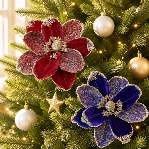 Velvet Glitter Artificial Christmas Poinsettia Flower Stem Sequin Simulation Floral Picks For Christmas Tree Holiday Garland DIY Decor Ornaments