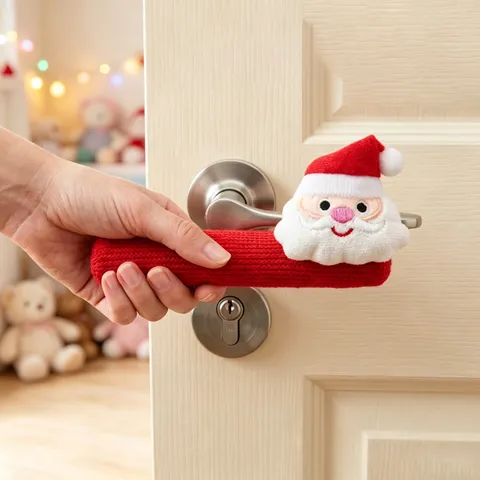 Christmas Santa Claus Door Handle Cover Red Knit Plush Protective Sleeve Anti-Collision Holiday Party Home Decor