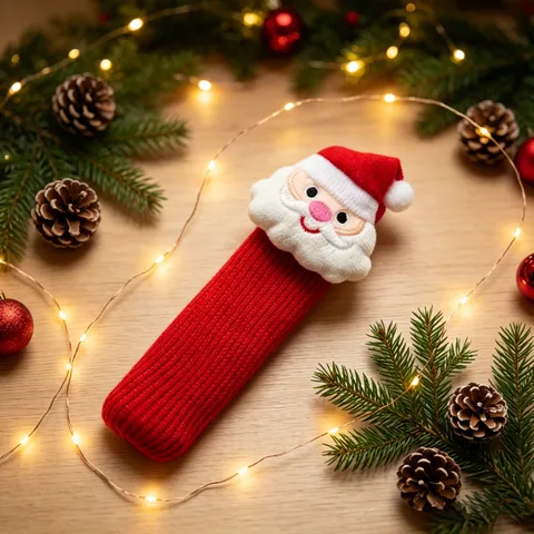 Christmas Santa Claus Door Handle Cover Red Knit Plush Protective Sleeve Anti-Collision Holiday Party Home Decor