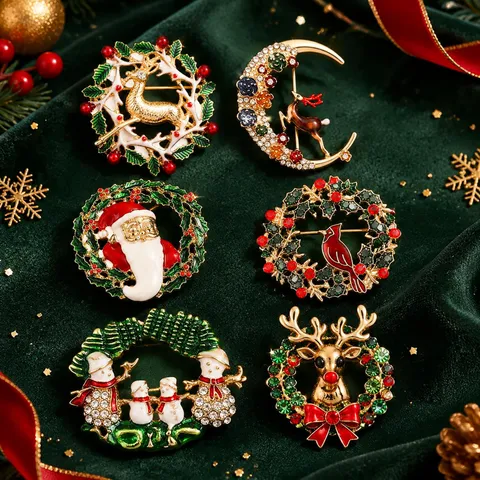 Weihnachtskranz Brosche Legierung Strass Emaille Rentier Schneemann Weihnachtsmann Mode Schmuck Festliche Reversnadel Geschenk Für Damen