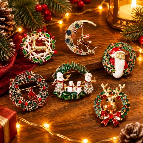 Weihnachtskranz Brosche Legierung Strass Emaille Rentier Schneemann Weihnachtsmann Mode Schmuck Festliche Reversnadel Geschenk Für Damen
