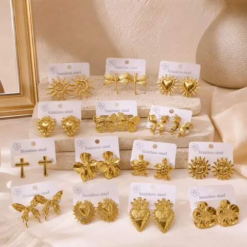 Vintage 18K Vergoldete 304 Edelstahl Ohrstecker Für Damen Herz Schmetterling Sonne Kreuz Insekt Floral Retro Schmuck
