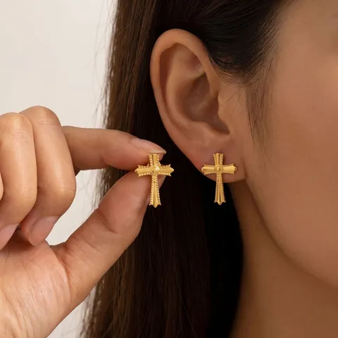 Vintage Gold Plated Stainless Steel Stud Earrings For Women Butterfly Sun Heart Cross Dragonfly Floral Insect Jewelry Gift