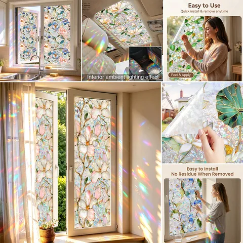Pellicola per Vetri Statica in Stile Cloisonne Effetto Arcobaleno Adesivo Decorativo in PVC Protezione della Privacy Motivo Floreale Senza Colla Decorazione Domestica