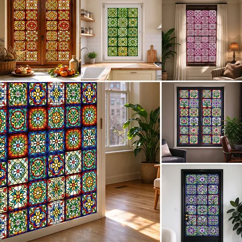 Vintage Colorful Stained Glass Window Film Static Cling Privacy Decorative PVC Window Sticker For Home Living Room Bathroom Kitchen