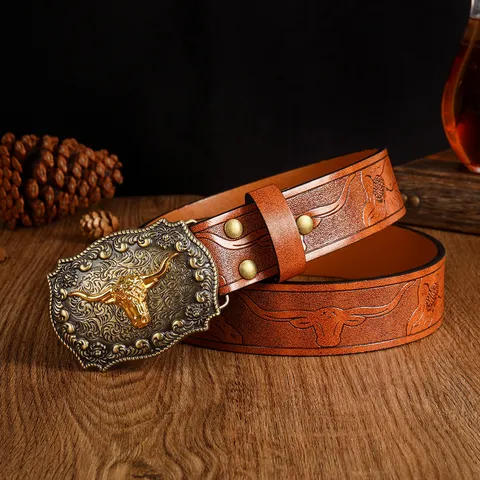 Ανδρική Ζώνη Western Cowboy PU Δέρμα Ρετρό Ethnic Ανάγλυφη Κεφάλι Ταύρου Μεγάλη Πόρπη Πλάκας Αξεσουάρ Παντελονιού