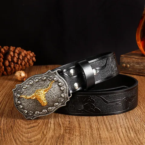 Ανδρική Ζώνη Western Cowboy PU Δέρμα Ρετρό Ethnic Ανάγλυφη Κεφάλι Ταύρου Μεγάλη Πόρπη Πλάκας Αξεσουάρ Παντελονιού