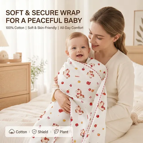 Coperta Fasce per Neonati Classe A in Puro Cotone Morbida Traspirante Copertina Ricezione Simpatica Stampa Animali Cartoni Animati Sottile Sacco Nanna per Uso Quotidiano