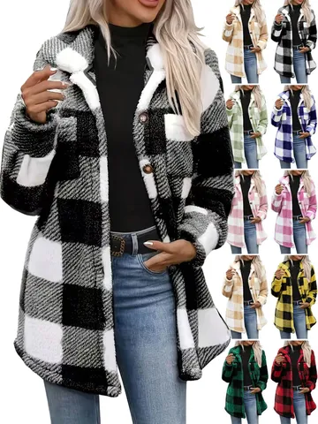 Giacca da Donna in Pile a Quadri Lunghezza Media Revers Button Down Shacket Con Tasche Casual Largo Caldo Teddy Cappotto Capispalla per Autunno Inverno