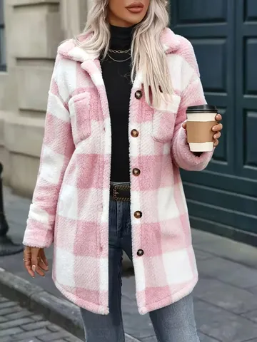 Giacca da Donna in Pile a Quadri Lunghezza Media Revers Button Down Shacket Con Tasche Casual Largo Caldo Teddy Cappotto Capispalla per Autunno Inverno