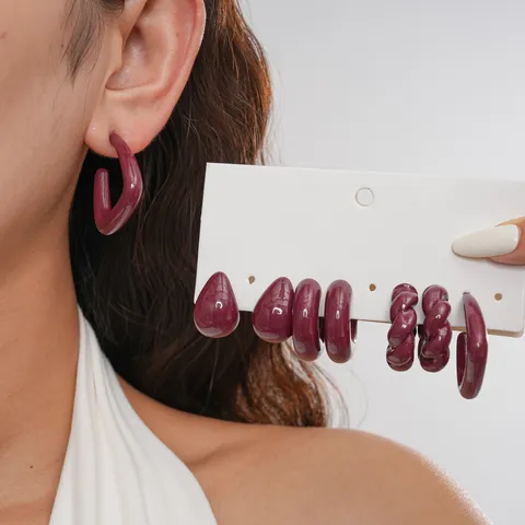 8Pcs Vintage Acrylic Earrings Set For Women Burgundy Water Drop C-Shape Twist Stud Earrings Personalized Jewelry Gift