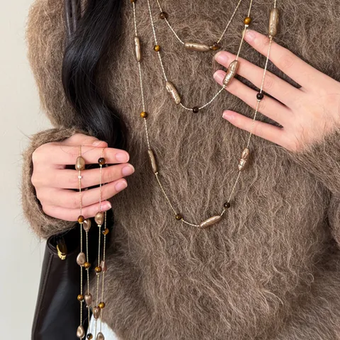 Maillard Tiger Eye Stone Artificial Pearl Long Sweater Necklace For Women Vintage Gold Brown Beaded Layering Chain Fashion Accessories
