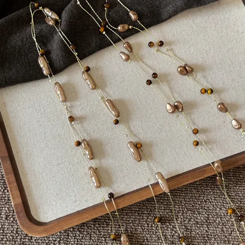 Maillard Tiger Eye Stone Artificial Pearl Long Sweater Necklace For Women Vintage Gold Brown Beaded Layering Chain Fashion Accessories