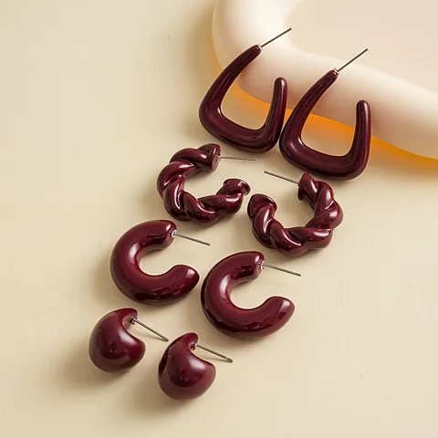 8Pcs Vintage Acrylic Earrings Set For Women Burgundy Water Drop C-Shape Twist Stud Earrings Personalized Jewelry Gift
