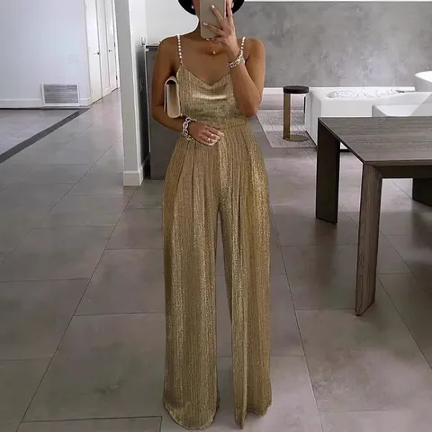 Women Elegant Metallic Wide Leg Jumpsuit Sleeveless Beaded Cami V Neck Slimming Formal Party Banquet Evening Romper