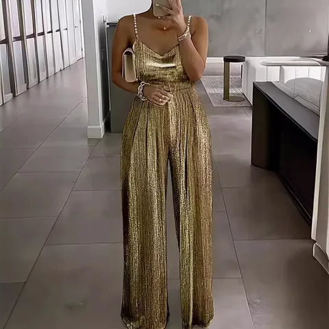 Dames Elegante Metallic Geplooide Jumpsuit Wijde Pijpen Sprankelende Kralen Bandjes Hoge Taille Feest Avond Romper