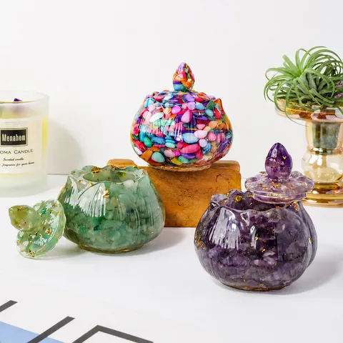 Cuenco de Loto de Piedra de Cristal Natural Con Tapa Incrustación de Pan de Oro de Resina para Almacenamiento de Joyas Sanación Limpieza Hogar Decoración Regalo