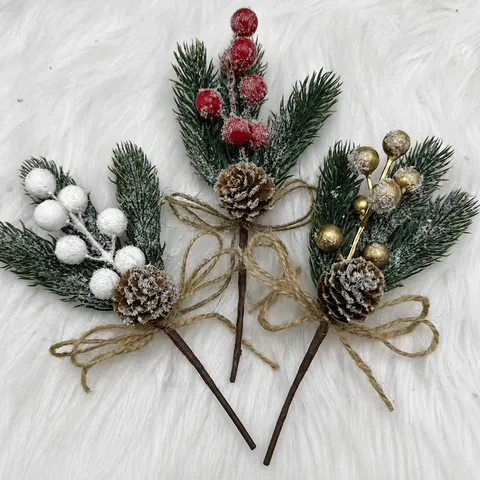 Artificial Christmas Berry Pick Snow Dusted Pine Needles Pine Cone Hemp Bow Holiday Party Decor Winter Berry Branches PVC Ornaments