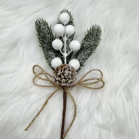 Rama de Bayas de Navidad Artificial Agujas de Pino Nevadas Piña Lazo de Cáñamo Decoración Navideña Ramas de Bayas de Invierno de PVC