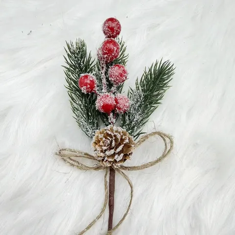 Rama de Bayas de Navidad Artificial Agujas de Pino Nevadas Piña Lazo de Cáñamo Decoración Navideña Ramas de Bayas de Invierno de PVC
