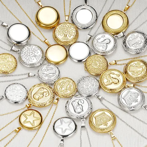 Stainless Steel Round Openable Locket Pendant Necklace Gold Silver Polished Carved Tree Of Life Flower Pattern Photo Memorial Jewelry For Women