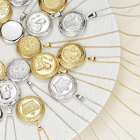 Stainless Steel Round Openable Locket Pendant Necklace Gold Silver Polished Carved Tree Of Life Flower Pattern Photo Memorial Jewelry For Women