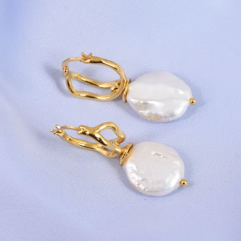Boucles d'Oreilles Pendantes en Perles d'Eau Douce Baroques pour Femmes Avec Tige en Argent Sterling 925 Bijoux en Métal Irrégulier Or