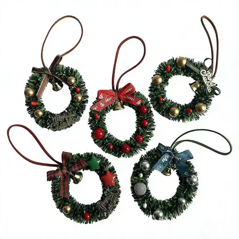 Mini Ghirlanda di Natale Decorazione Ghirlanda di Pino Verde Artificiale Con Bacche Rosse Campanelli d'Oro Fiocco per Albero di Natale Casa Finestra
