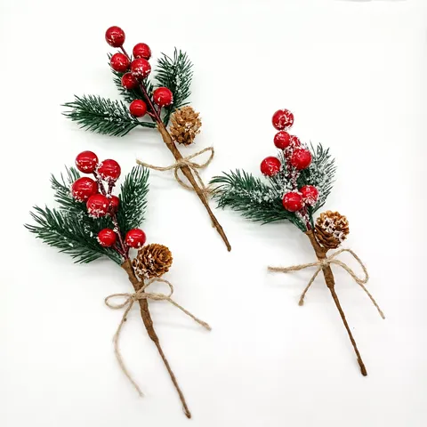 Rami Decorativi di Natale Artificiali con Bacche Rosse Aghi di Pino Pigna Innevata e Glitter Rami Floreali per Decorazione Casa Festa