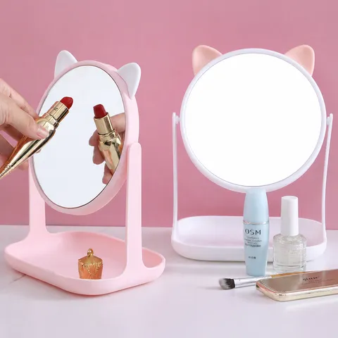 Cartoon Katzen Kaninchen Ohren Kosmetikspiegel Mit Aufbewahrungsbasis Desktop Spiegel Für Schlafzimmer Wohnheim Schminktisch Kunststoff Glas