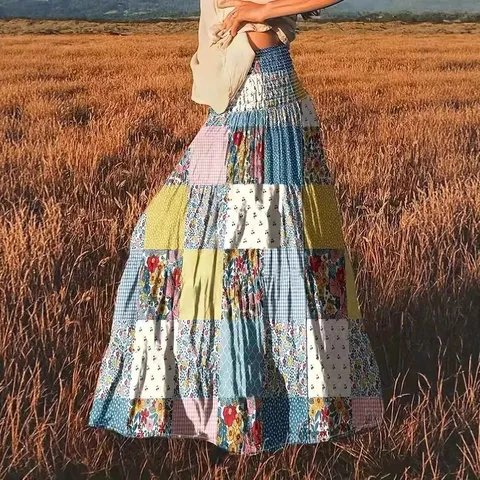 Gonna Lunga Maxi Donna Boho Patchwork Floreale Vita Alta Arricciata Vacanza Fluida Poliestere Gonna a Trapezio Abbigliamento Casual